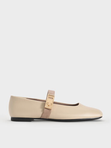 Sepatu Flats Mary Jane Metallic-Buckle Lando Two-Tone, Chalk, hi-res