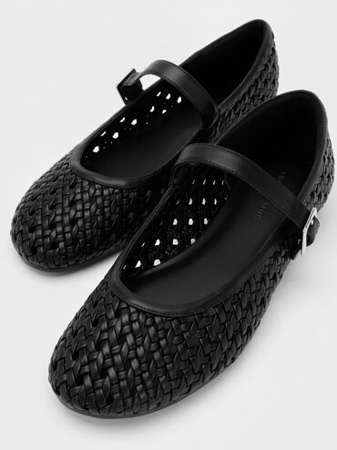 Sepatu Flats Mary Jane Woven, Black, hi-res