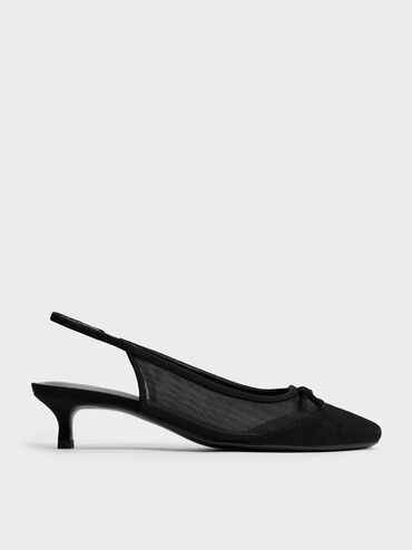 Sepatu Pumps Slingback Mesh Bow Mulligan, Black Textured, hi-res