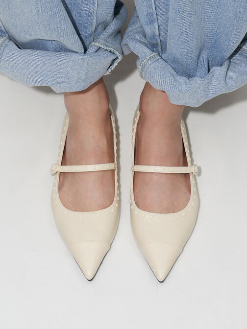 Sepatu Flats Mary Jane Studded Pointed-Toe, Chalk, hi-res
