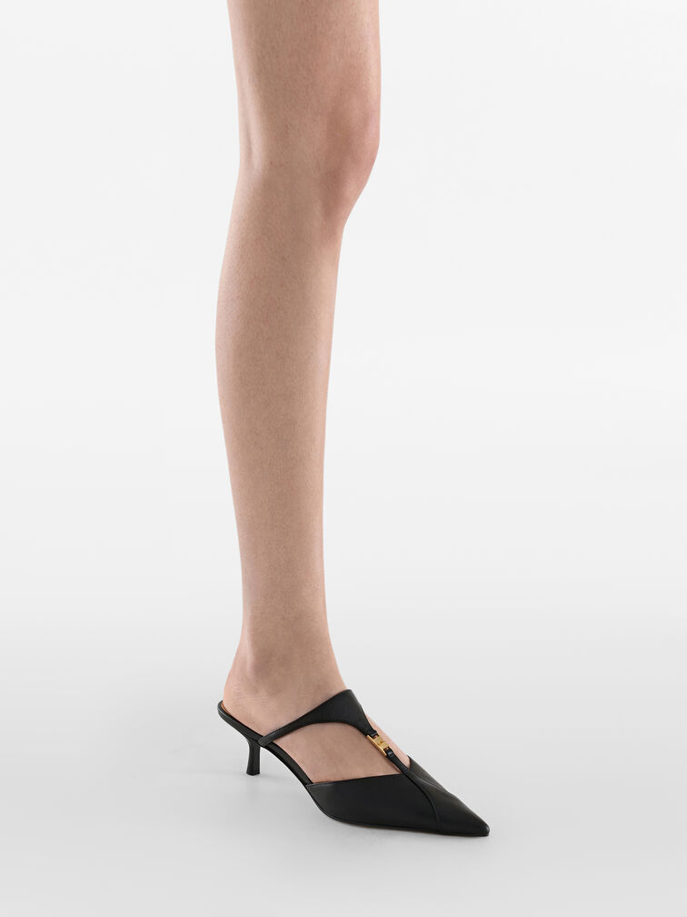 Leather T-Bar Pointed Kitten Heels, Black, hi-res