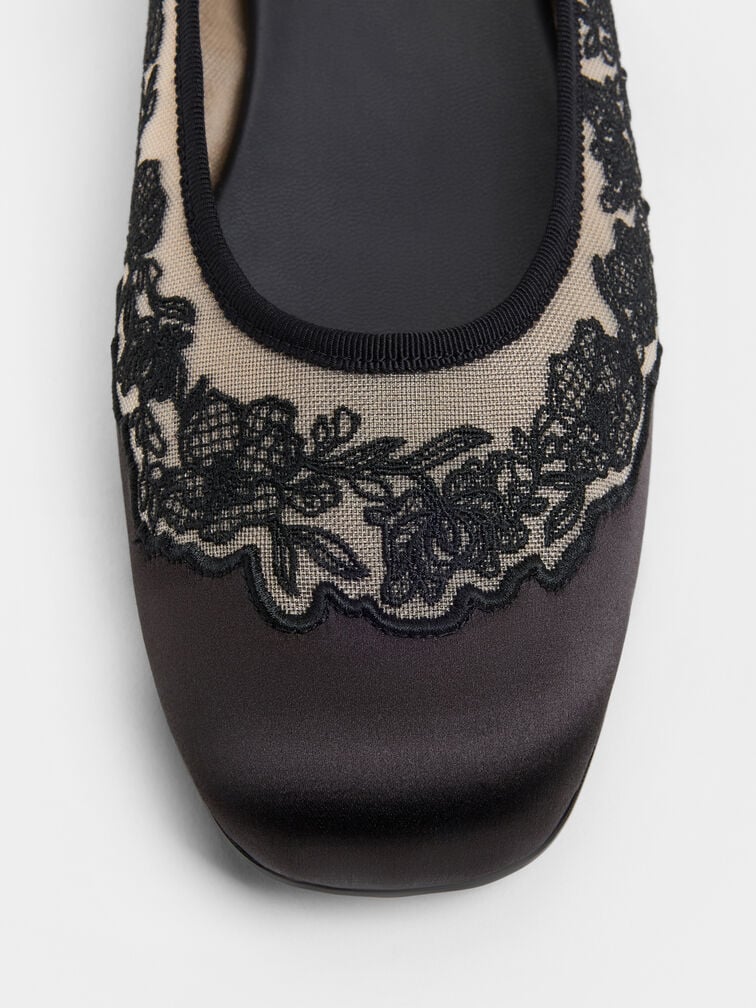 Satin Embroidered-Mesh Mary Jane Flats, Black Textured, hi-res