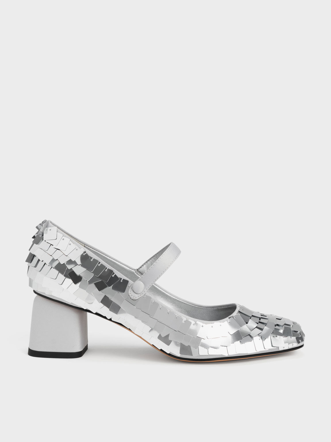 Sepatu Pumps Mary Jane Satin Sequinned, Silver, hi-res