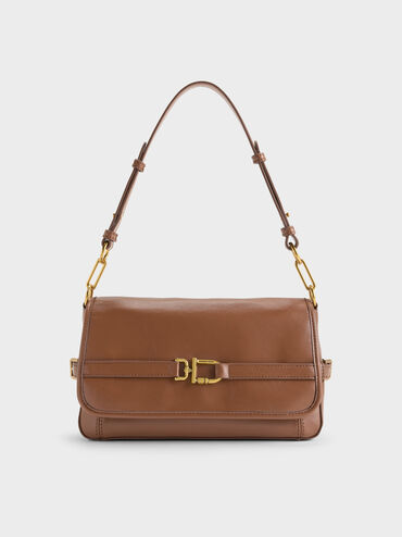 Tas Bahu Belted Metallic-Buckle Gwynne, Chocolate, hi-res