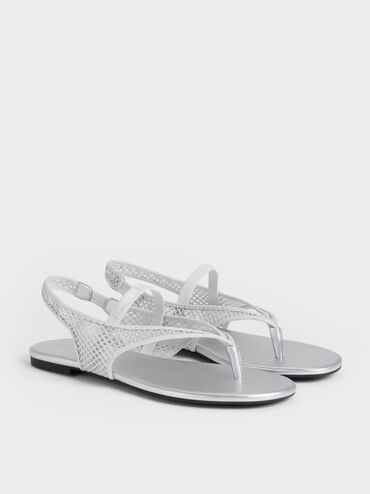 Sandal Slingback Thong Mesh Ellory, Silver, hi-res