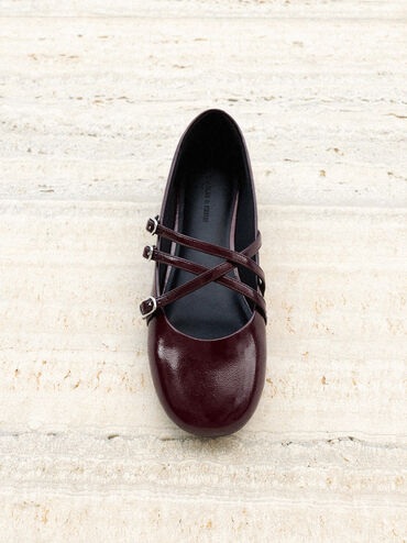 Patent Triple-Strap Mary Jane Flats, Burgundy, hi-res