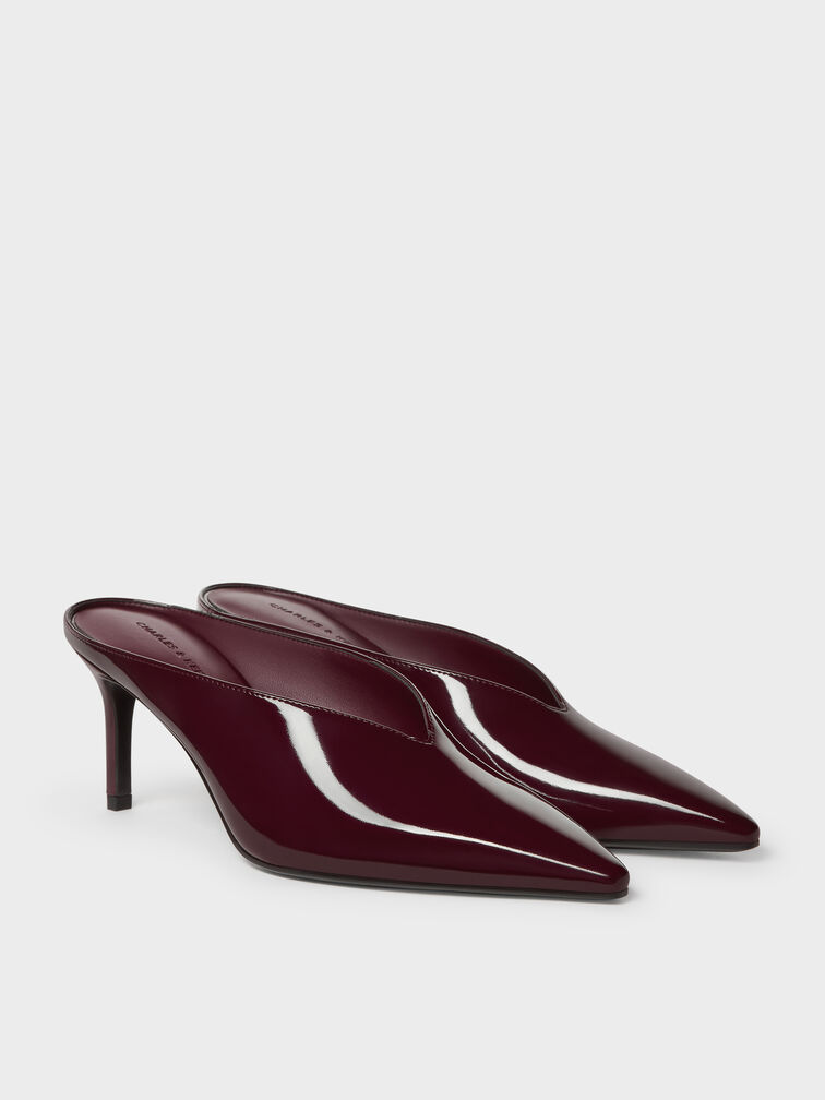 Patent Pointed Heeled Mules, Burgundy, hi-res