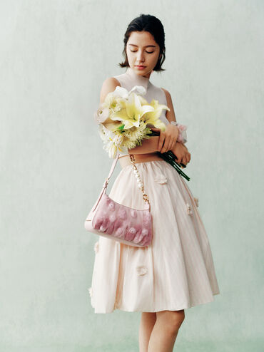 Gift Set: Floral-Mesh Pearl-Strap Shoulder Bag, Light Pink, hi-res