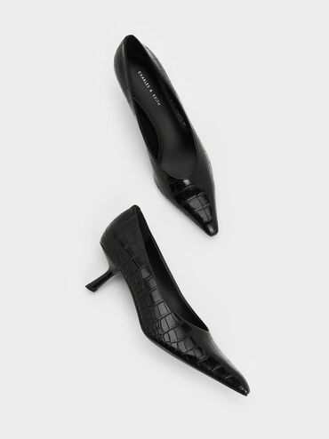 Croc-Effect Slant Heel Pumps, Animal Print Black, hi-res