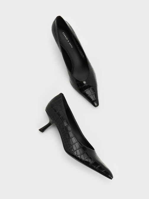 Sepatu Pumps Slant Heel Croc-Effect, Animal Print Black, hi-res