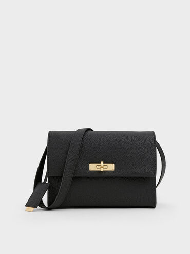 Tas Selempang Turn-Lock Chance Recycled Leather, Black, hi-res