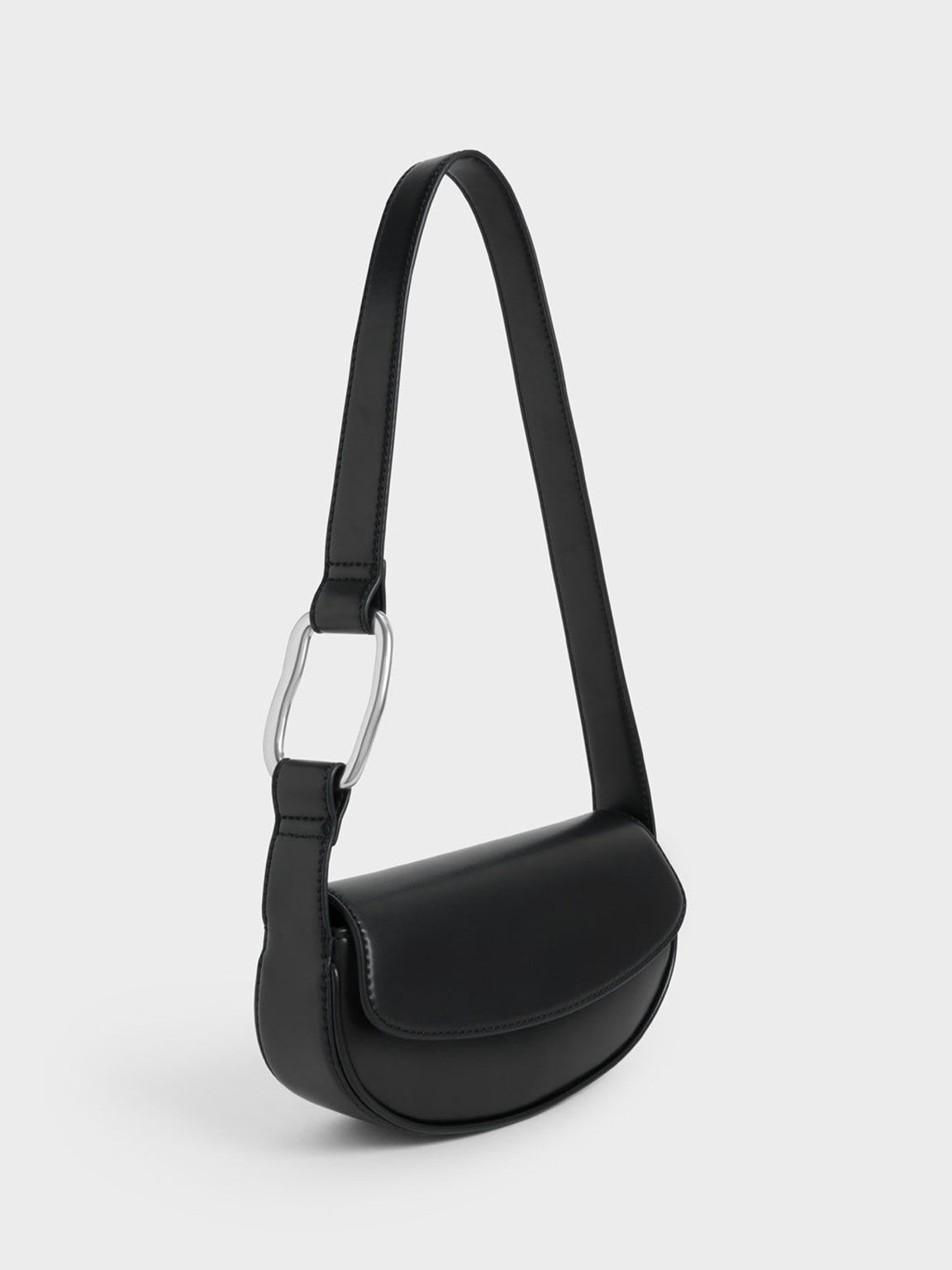 Curved Front Flap Shoulder Bag, Black, hi-res