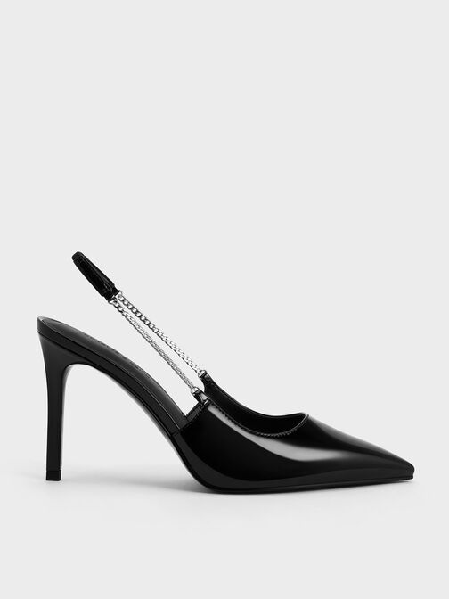 Patent Chain-Link Pointed-Toe Slingback Pumps, Black Patent, hi-res