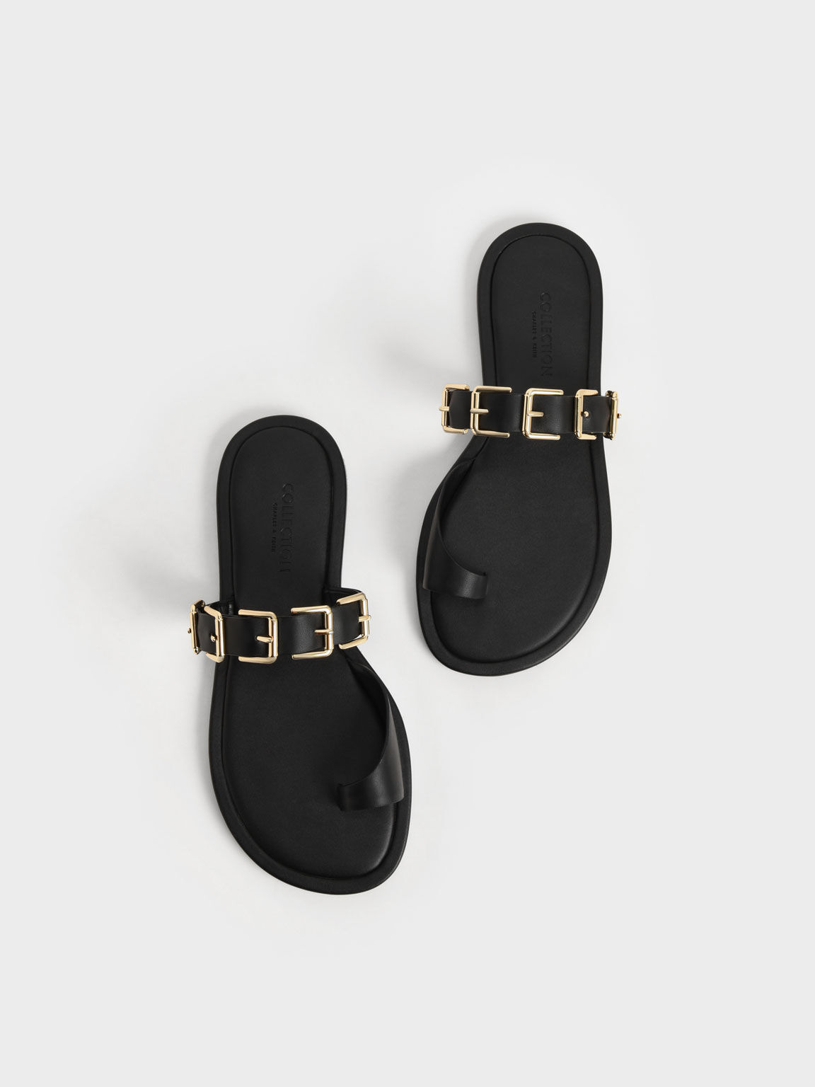 Buckled Leather Toe-Ring Sandals, Black, hi-res