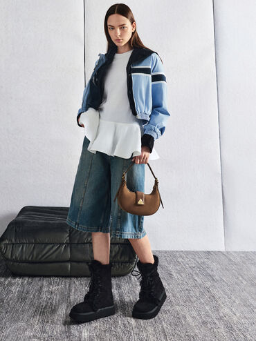 Tas Bahu Metallic-Accent Belted Trice Recycled Suede, Mocha Brown, hi-res