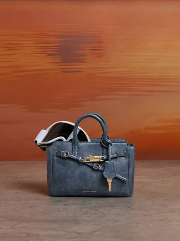 Tas Tote Belted Delfina Mini, Distressed Midnight Blue, hi-res