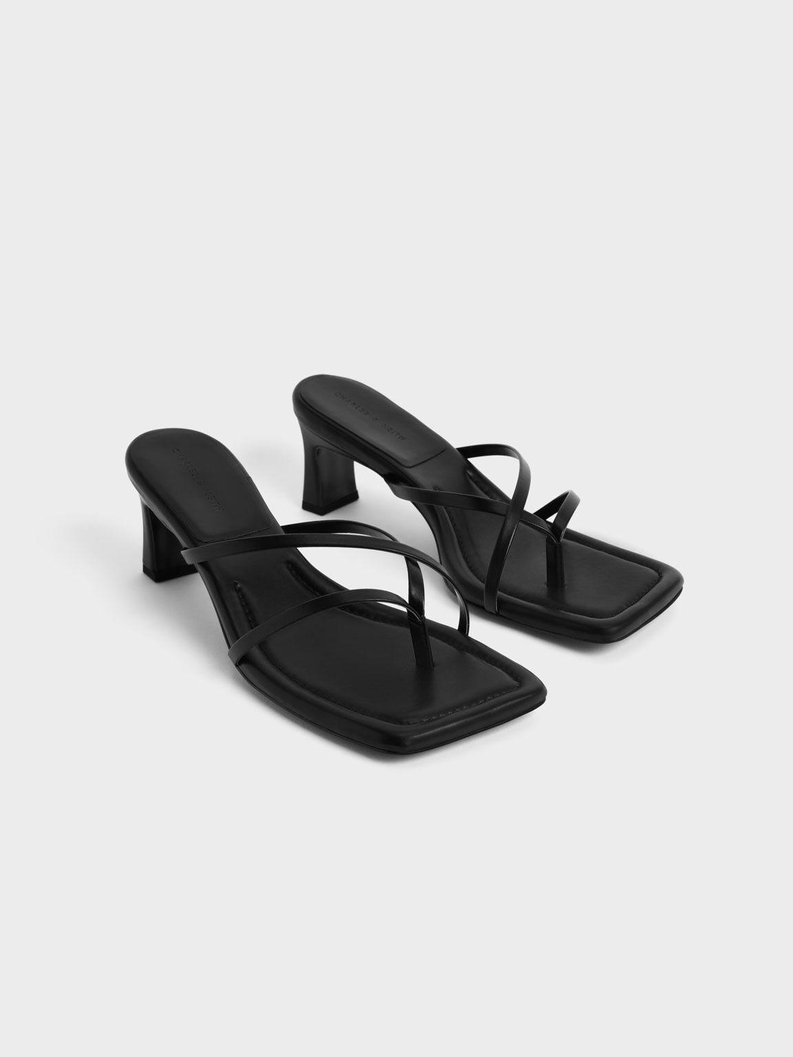 Strappy Heeled Thong Sandals, Black, hi-res