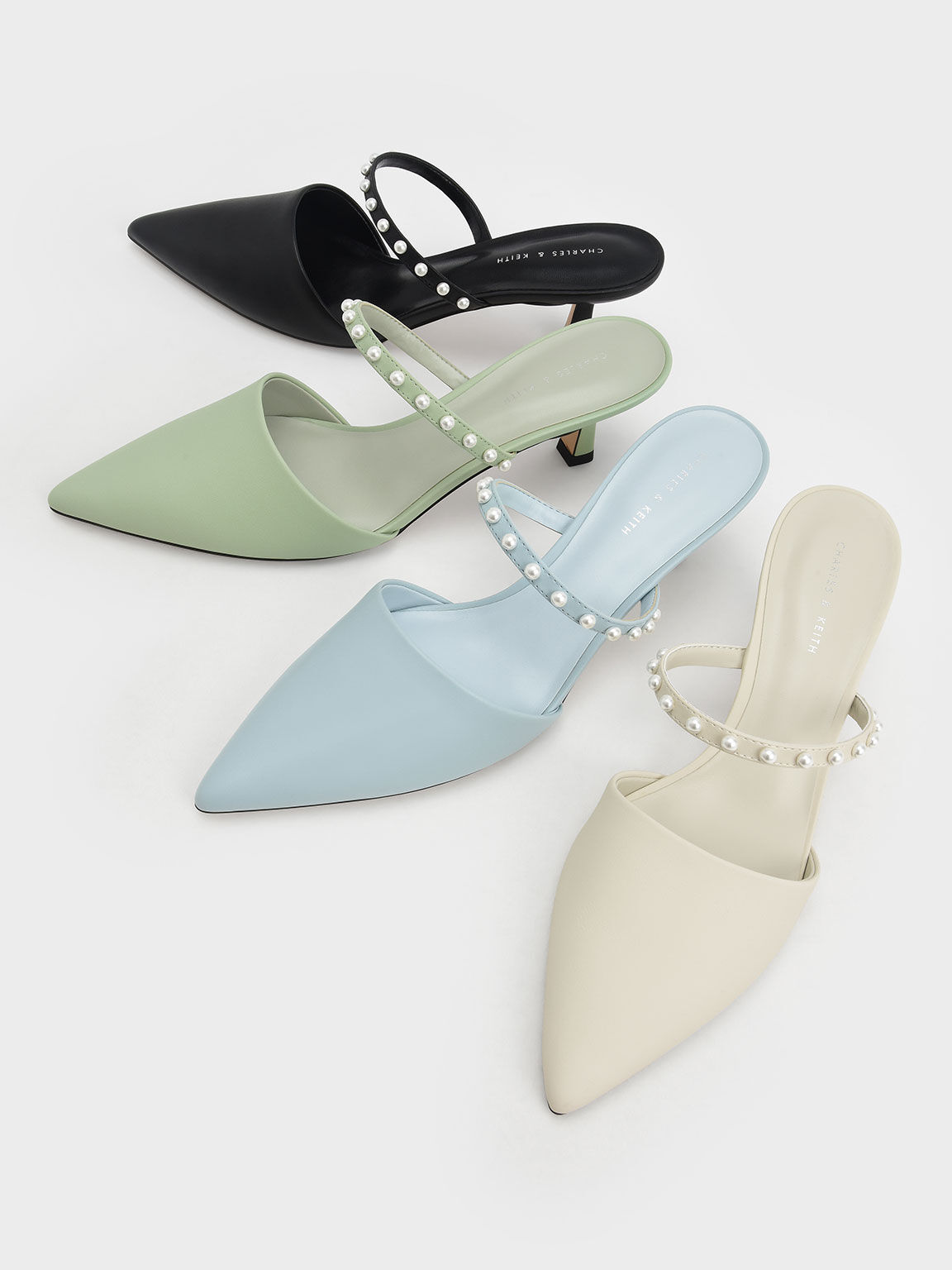 Sepatu Mules Kitten-Heel Pearl-Embellished, Sage Green, hi-res