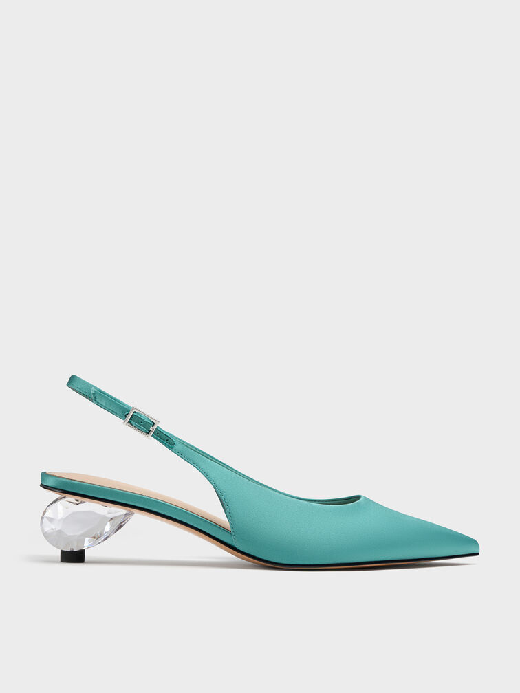 Pointed Crystal-Heel Slingback Pumps, Teal, hi-res