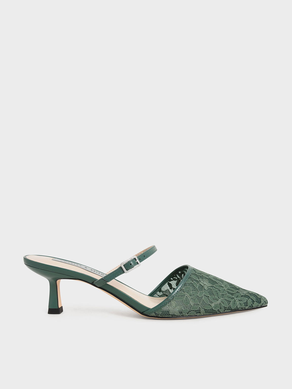 Sepatu Mules Lace & Mesh Embellished-Buckle, Green, hi-res