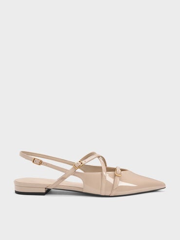 Sepatu Flats Slingback Strappy Patent Maybelle, Nude, hi-res