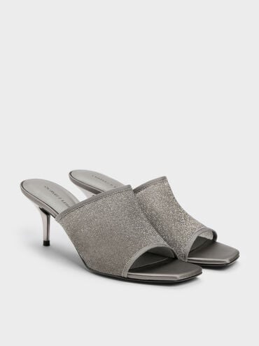Sepatu Mules Heeled Glittered Mesh, Grey, hi-res