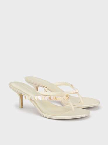 Sandal Thong Heeled Sequinned Briella, Cream, hi-res