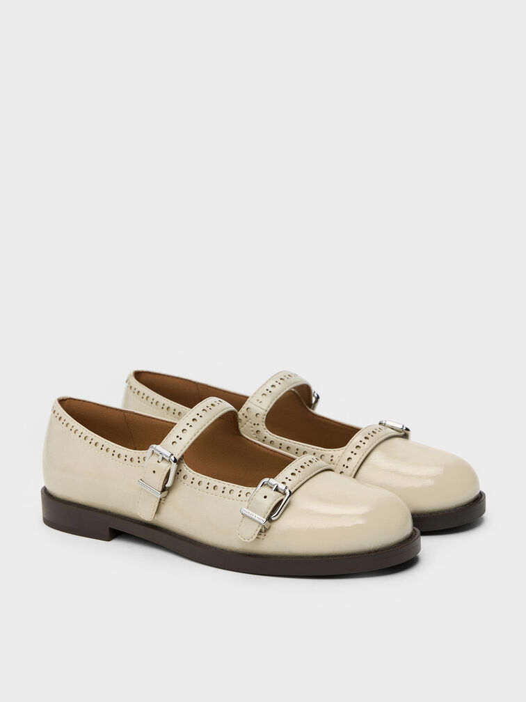 Double-Strap Brogue Mary Janes, Beige, hi-res