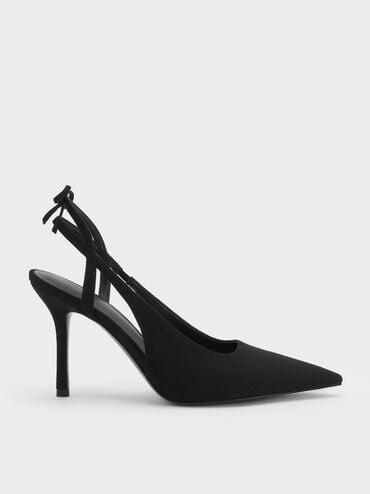 Sepatu Pumps Slingback Back-Bow Suede Faux, Black Textured, hi-res