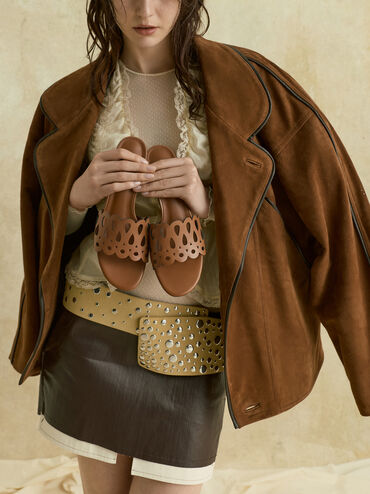 Sepatu Mules Block-Heel Cut-Out, Cognac, hi-res