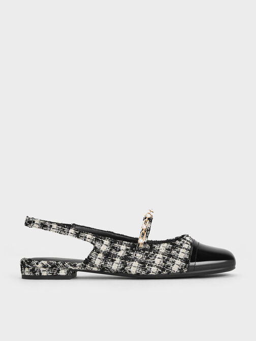 Sepatu Slingback Flats Chain-Link Beaded Tweed, Black Textured, hi-res