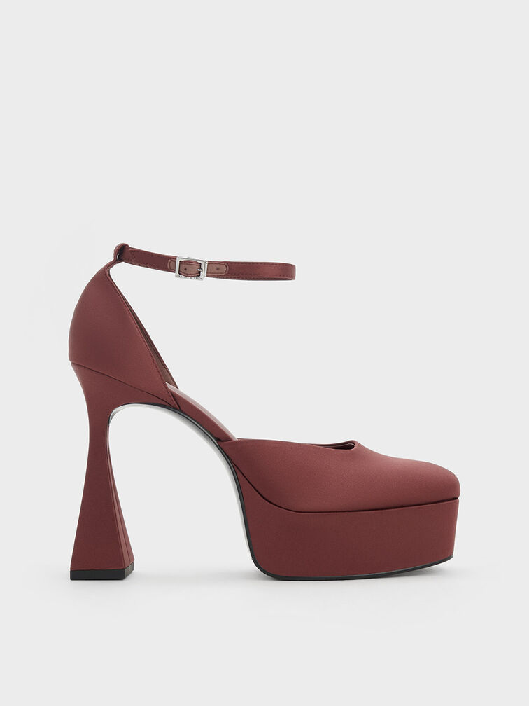 Recycled Polyester Flare Heel D'Orsay Pumps, Maroon, hi-res