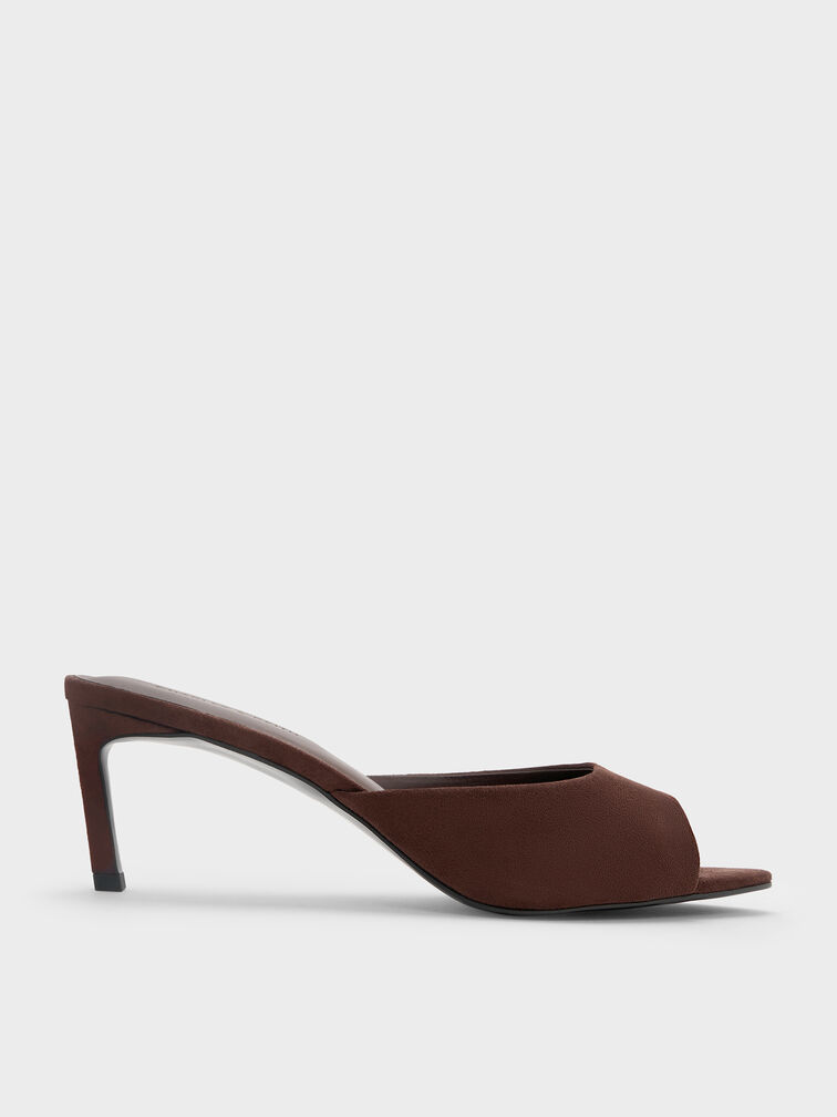 Sepatu Heeed Mules Peep-Toe Pointed Faux Suede, Dark Brown, hi-res