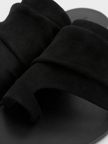 Sandal Toe-Ring Ruched Faux Suede, Black Textured, hi-res