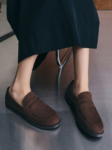 Sepatu Loafers Penny Arven Faux Suede, Dark Brown Textured, hi-res