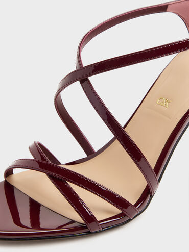 Sandal Stiletto Strappy Leather Patent, Burgundy, hi-res
