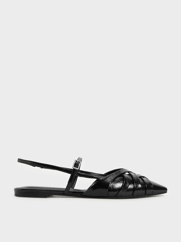 Sepatu Wrinkled Patent Woven Slingback, Black, hi-res