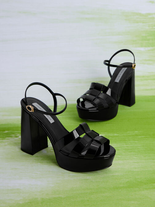 Patent Gladiator Platform Sandals, Black, hi-res