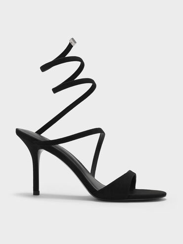 Sandal Heeled Wraparound Emila Faux Suede, Black Textured, hi-res
