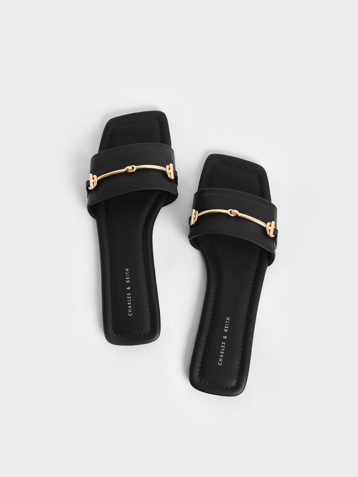 Metallic Accent Slide Sandals, Black, hi-res