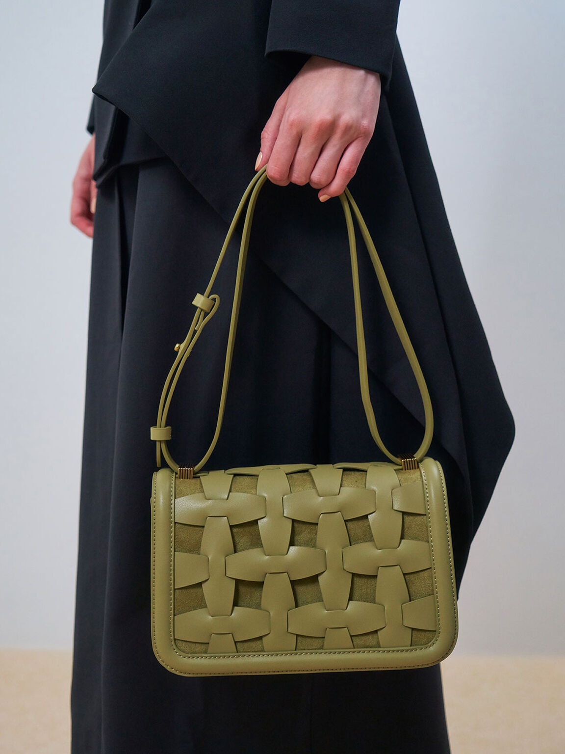 Weave Detail Shoulder Bag, Sage Green, hi-res
