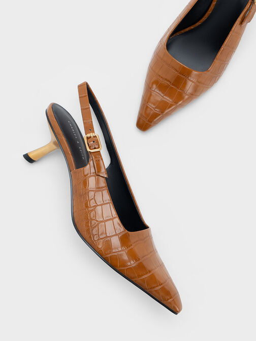 Sepatu Slingback Pumps Slant Heel Croc-Effect, Animal Print Brown, hi-res