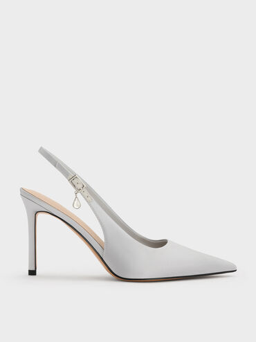 Sepatu Pumps Slingback Stiletto-Heel Teardrop-Crystal Satin, Silver, hi-res