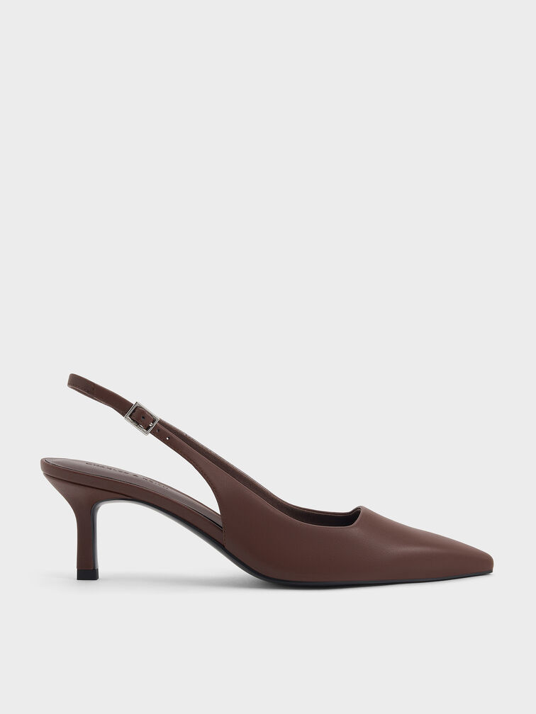 Sepatu Slingback Pumps Kitten-Heel Pointed-Toe, Dark Brown, hi-res
