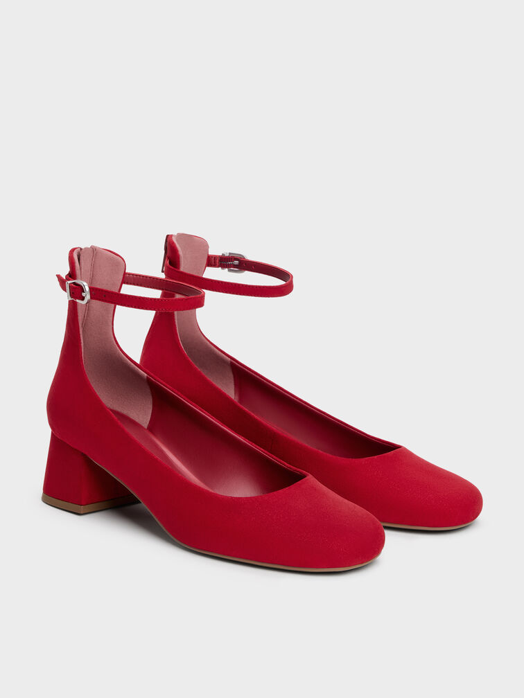 Sepatu Pumps Ankle-Strap Block-Heel Faux Suede, Red, hi-res