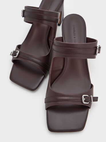 Sepatu Mules Heeled Double-Strap Buckled, Burgundy, hi-res
