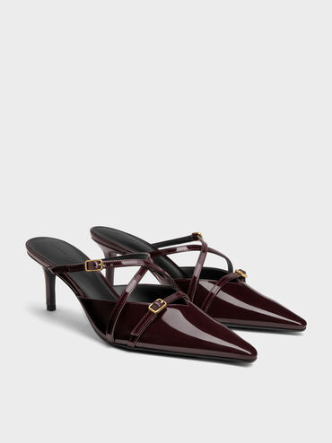 Maybelle Patent Pointed Heeled Mules, Burgundy, hi-res