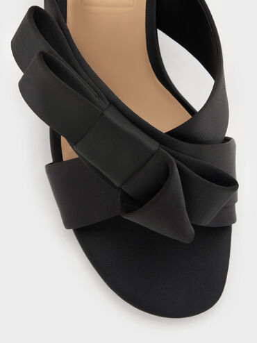 Sepatu Mules Heeled Pleated-Bow, Black Textured, hi-res