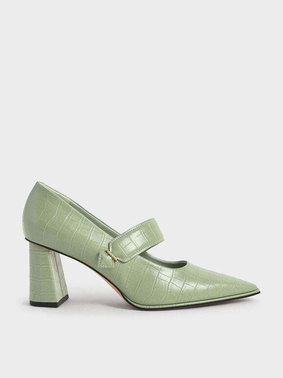 Sepatu Pumps Mary Jane Serafina Croc-Effect, Animal Print Green, hi-res