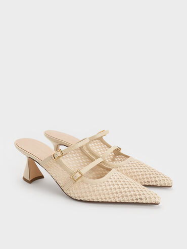 Sepatu Mules Pointed Sculptural-Heel Raffia, Beige, hi-res